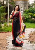 Graceful Chiffon Saree with Artistic Brush Print and Woven Border - BLACK